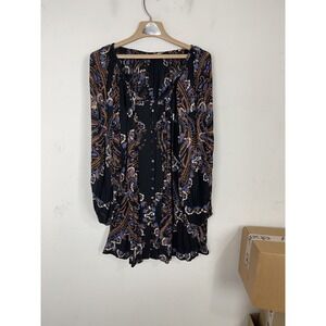 Free People Womens Mini Dress XS Black Paisley Button Front Boho Country Dark